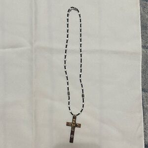 Wooden Cross Necklace with Beaded Chain